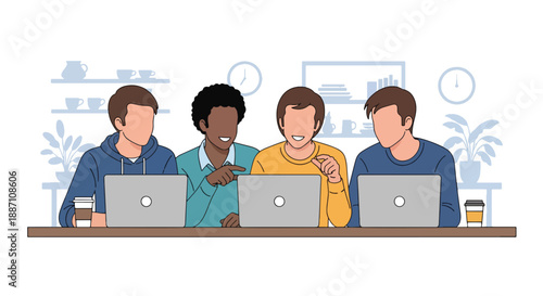 Modern vector of three male friends working on laptops in a coworking space, symbolizing teamwork, productivity, friendship, and contemporary business lifestyle