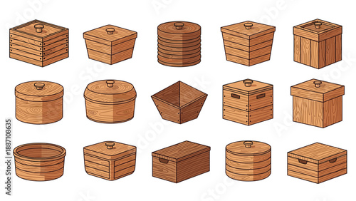 Assorted wooden storage boxes and crates in different shapes and sizes for packing, shipping and organization purposes.