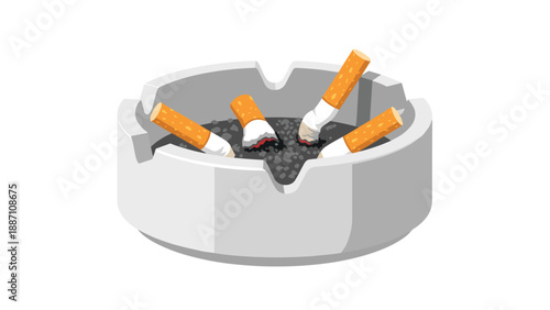 Ceramic ashtray filled with several extinguished cigarette butts and grey ash representing smoking habits and addiction.