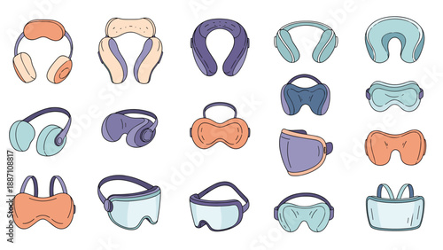 Collection of sleep accessories including various designs of eye masks, travel pillows, and noise canceling earmuffs.