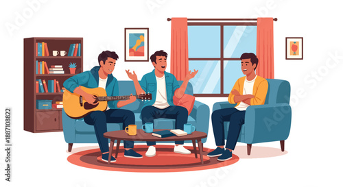 Three friends playing guitar and singing together at home, captured in modern flat vector style, representing creativity, friendship, leisure lifestyle, and joy