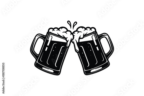 Clinking Beer Mugs Cheers Icon Collection in Vintage Line Style