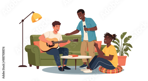 Three friends playing guitar and singing together at home, captured in modern flat vector style, representing creativity, friendship, leisure lifestyle, and joy