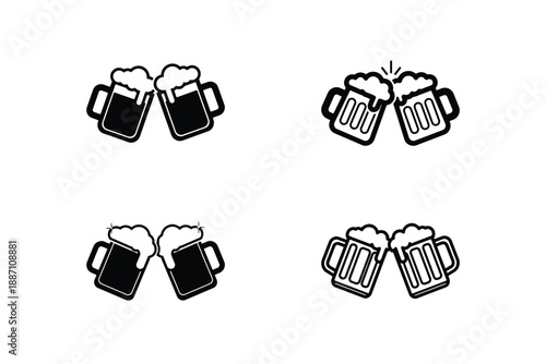Clinking Beer Mugs Cheers Icon Collection in Vintage Line Style