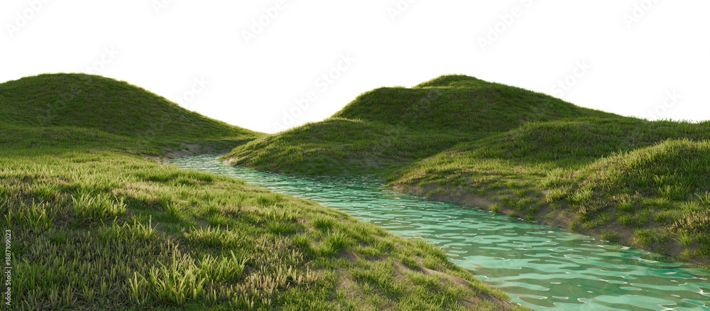 Obraz premium Clear River Flowing Through Green Grassy Hills. 3D rendering. 
