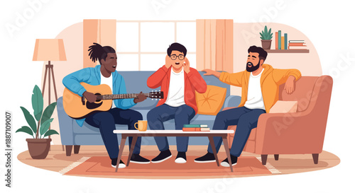 Three friends playing guitar and singing together at home, captured in modern flat vector style, representing creativity, friendship, leisure lifestyle, and joy