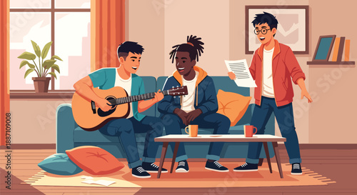 Three friends playing guitar and singing together at home, captured in modern flat vector style, representing creativity, friendship, leisure lifestyle, and joy