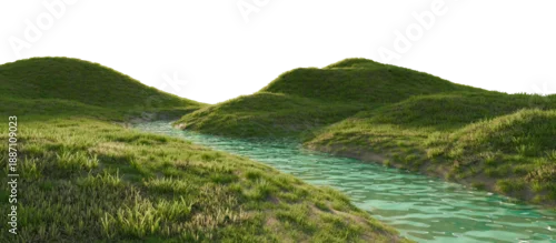 Panel kuchenny z motywem Clear River Flowing Through Green Grassy Hills. 3D rendering. 