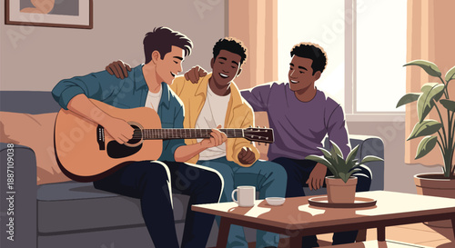 Three friends playing guitar and singing together at home, captured in modern flat vector style, representing creativity, friendship, leisure lifestyle, and joy