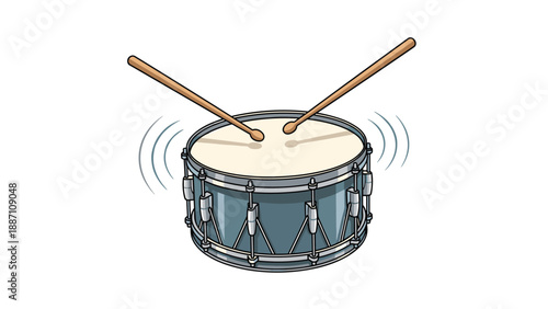 Blue professional snare drum with two wooden drumsticks performing a beat with motion lines on white background.
