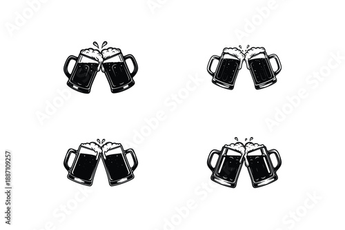 Clinking Beer Mugs Cheers Icon Collection in Vintage Line Style