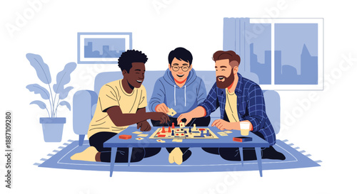 Three close friends playing board games together at home in modern flat vector style, expressing fun, leisure lifestyle, friendship, and social bonding