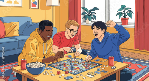 Three close friends playing board games together at home in modern flat vector style, expressing fun, leisure lifestyle, friendship, and social bonding