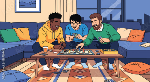 Three close friends playing board games together at home in modern flat vector style, expressing fun, leisure lifestyle, friendship, and social bonding