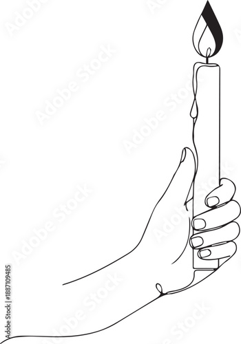 A hand delicately holding a lit candle in a minimalist line art style