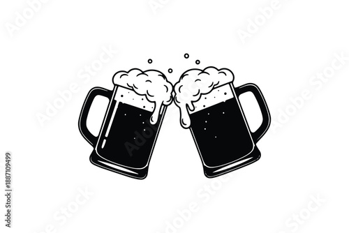 Clinking Beer Mugs Cheers Icon Collection in Vintage Line Style