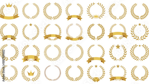 Comprehensive collection of golden laurel wreaths, crowns, and ribbons symbolizing victory, success, and achievement symbols.