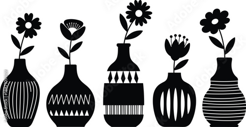 Vase and Flower Silhouette Collection Featuring Five Unique Designs with Decorative Patterns for Minimalist and Botanical Art Themes