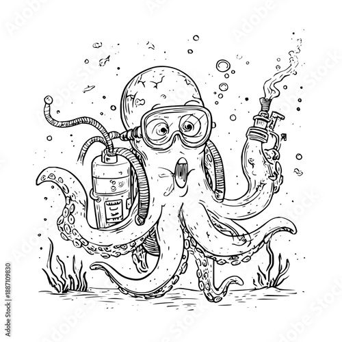 Octopus Diving Underwater with Scuba Gear and Smoking