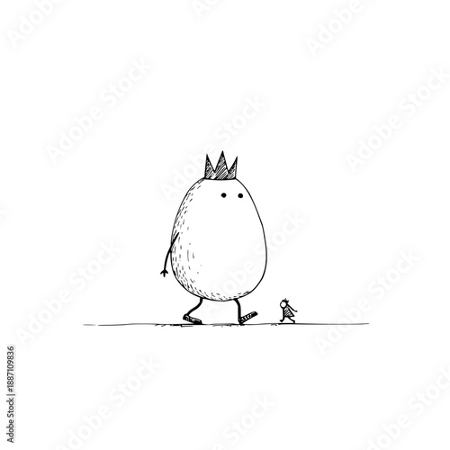 King Egg Character Walking with Small Person