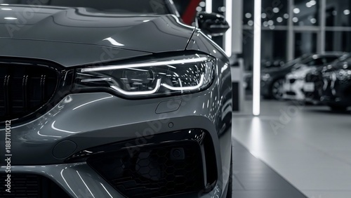Luxury gray car front view in a modern showroom.