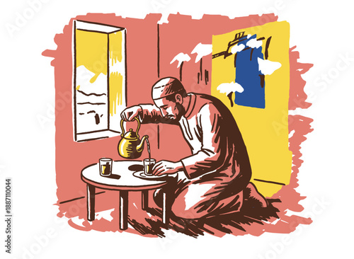 Traditional tea ceremony in the Middle East or North Africa. Man pouring drink from a teapot while kneeling. Stylized vintage illustration art.