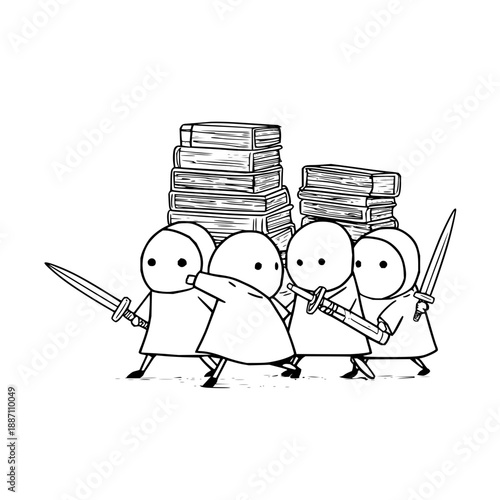 Stick Figures Warriors Carrying Swords and Stacks of Money on White Background