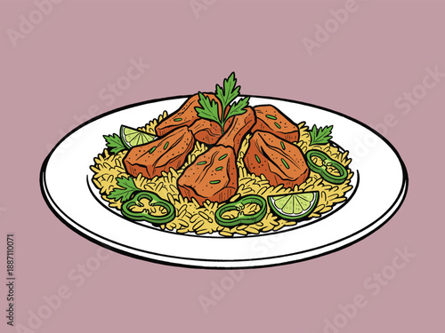 Cartoon illustration of Arroz con Pollo or Caribbean rice dish with meat, lime, and peppers. Retro food artwork.