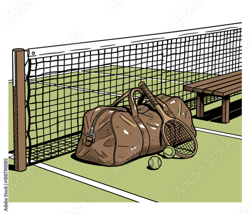 Vintage Tennis Equipment Illustration on Court. Retro Sports Bag, Racket, and Balls near the Net and Bench.