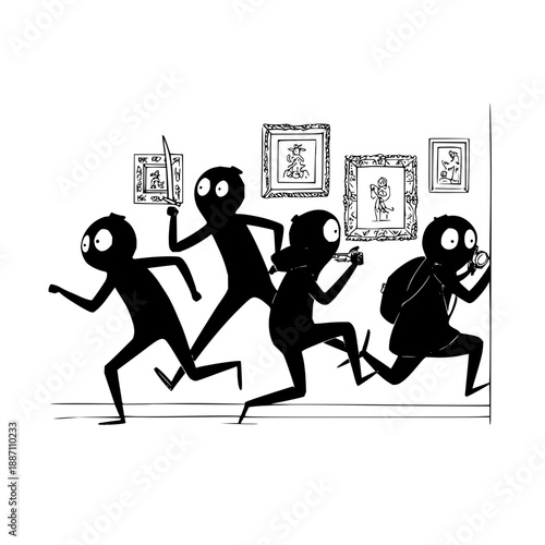 Stick Figures Running with Artwork in Museum
