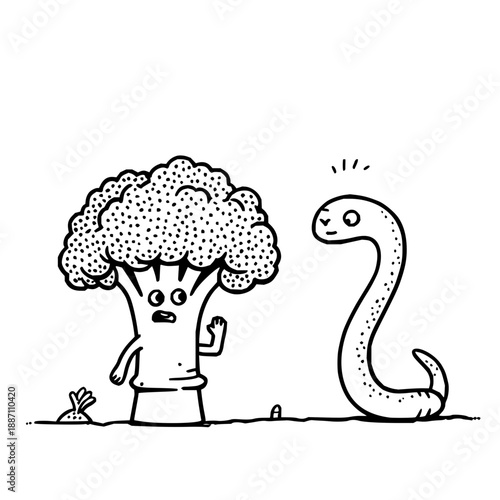 Tree Facing Snake, Cartoon Characters, Black and White Illustration