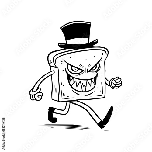 Angry Toast Running in Top Hat on White Background