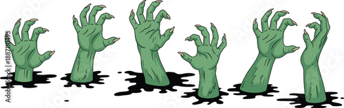 Cartoon zombie hands rising from black slime, spooky horror illustration isolated on white background, perfect for Halloween designs, games, posters, and fantasy graphic assets