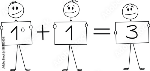 Stick figures showing addition of one and one equals three Vector