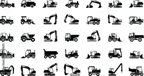 Construction machinery silhouette icon set with excavator, bulldozer, loader, dump truck and heavy equipment vehicles for industrial design, engineering, logistics and infographic projects