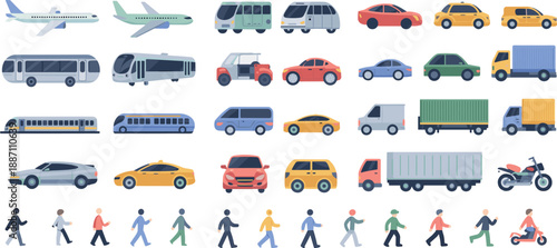 Colorful transportation vector icon set featuring cars, buses, trains, airplanes, trucks, motorcycles, and walking people, flat design collection for urban mobility, logistics, travel