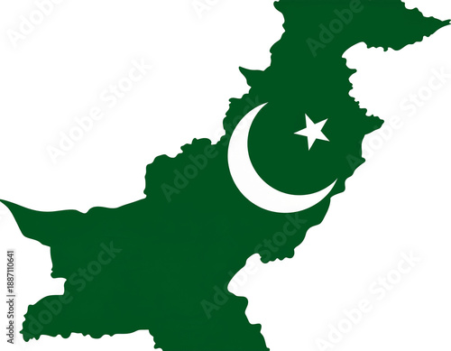 Map of Pakistan Silhouette with National Flag Crescent and Star Design Isolated on White