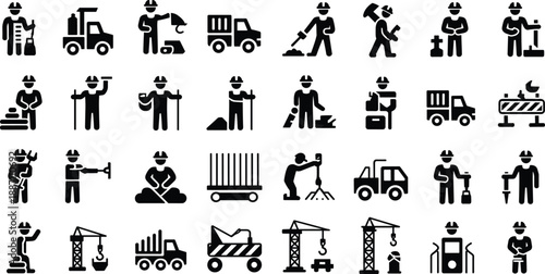 Construction worker and machinery icon set with laborers, tools, vehicles, cranes and industrial equipment silhouettes isolated on white background for safety training, engineering, web design 