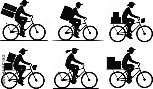 Delivery cyclist silhouette set with courier riding bicycle carrying packages, food delivery service, logistics transport icons isolated on white background for app, web and print design