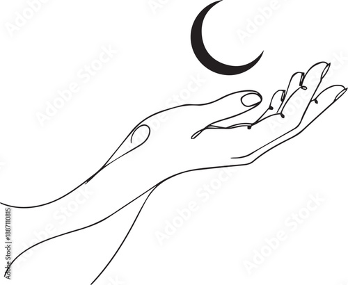 A delicate line drawing of a hand holding a crescent moon