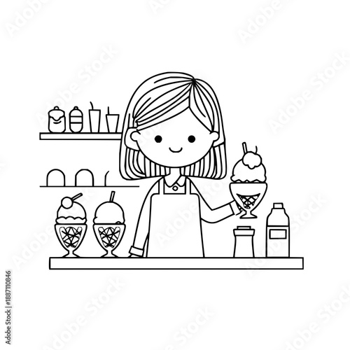 Smiling Girl Holding Ice Cream Sundae in Coloring Book Style