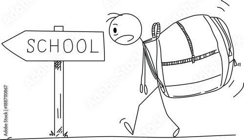 Student struggling with heavy backpack near school sign Vector
