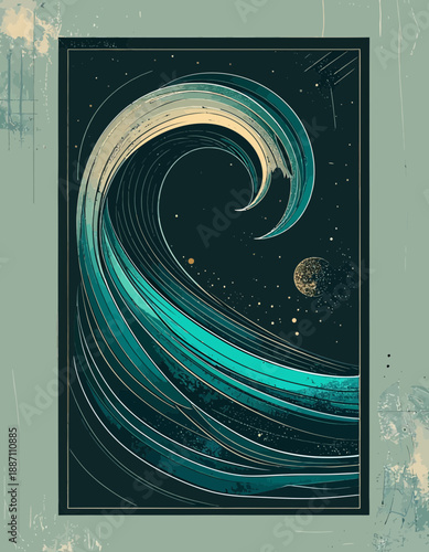 Abstract Oceanic Wave Evoking Serenity Under Night Sky With Celestial Elements