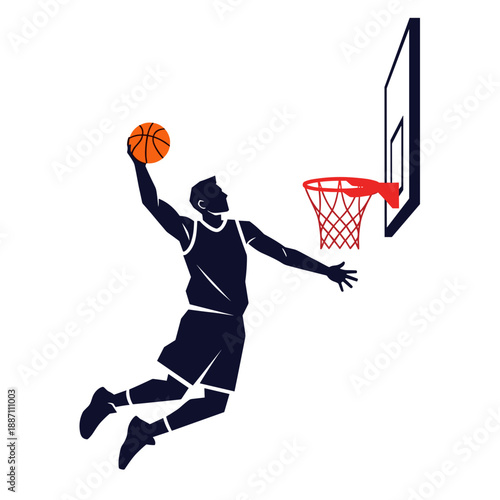Basketball player dunking on white background, clean modern flat vector illustration