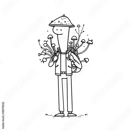 Cartoon Man Holding Mushrooms Wearing Hat on White