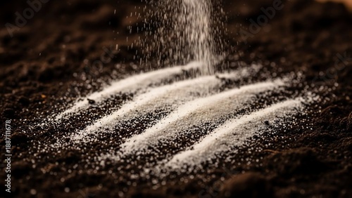 Fertilizer being sprinkled on dark soil in a garden or farm.
