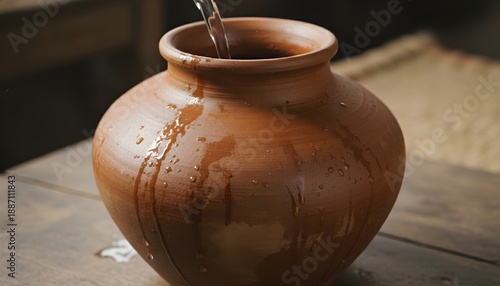 Rustic terracotta jug pouring clear liquid with visible condensation, representing traditional Indian matka for cooling water or similar earthenware beverage serving in various cultures