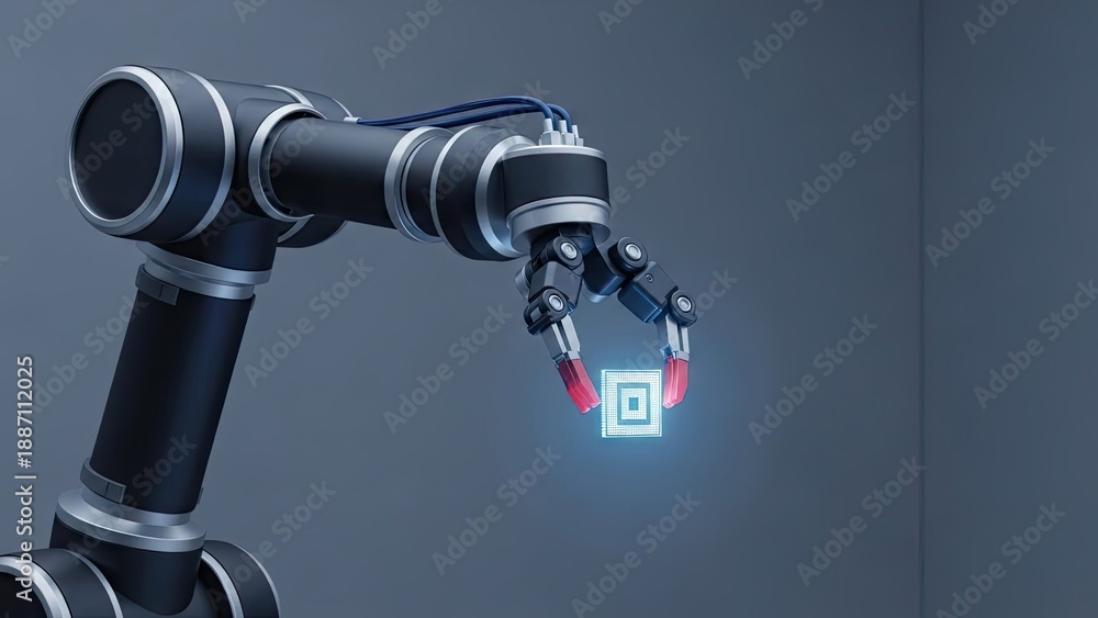Fototapeta premium Robotic arm holding digital icon against a blurred background concept