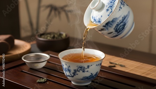 Blue and white porcelain teapot pouring hot brown tea into a small ceramic cup on a wooden table, capturing the essence of traditional Chinese tea serving