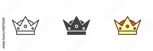 Royal crown accessory different style icon set. Line, solid and filled outline colorful icon for king or queen costume. Monarch headwear vector sign and symbol icon.